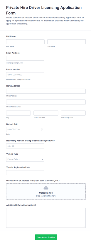 Private Hire Driver Licensing Application Form Template