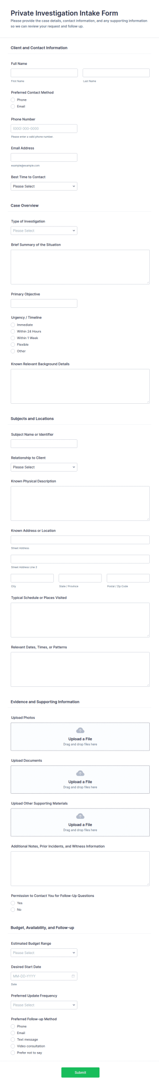 Private Investigation Intake Form Template