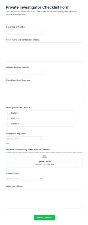 Private Investigator Checklist Form Template