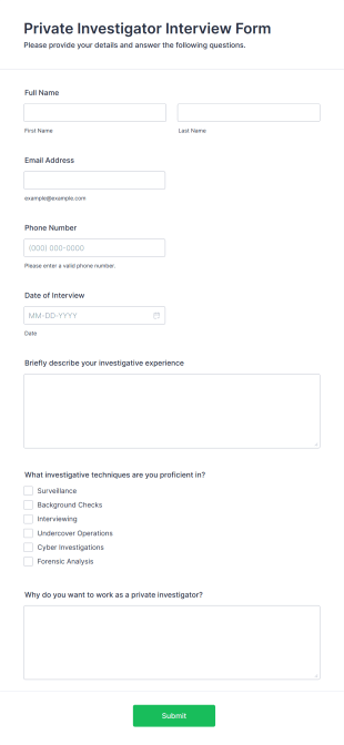 Private Investigator Interview Form Form Template