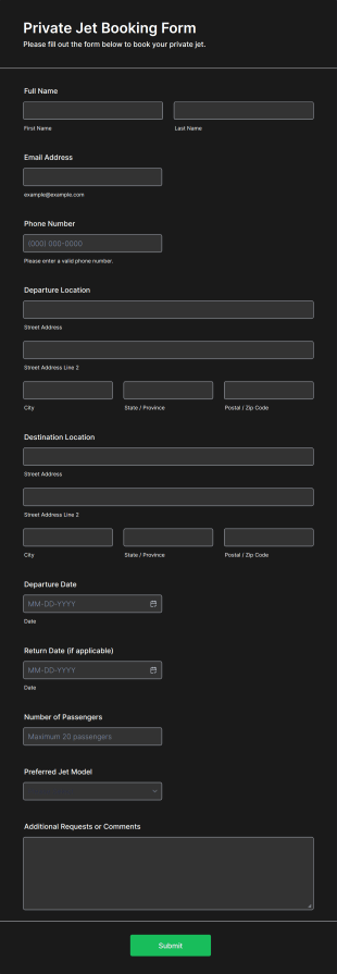 Private Jet Booking Form Template