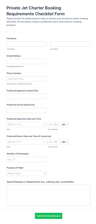 Private Jet Charter Booking Requirements Checklist Form Template
