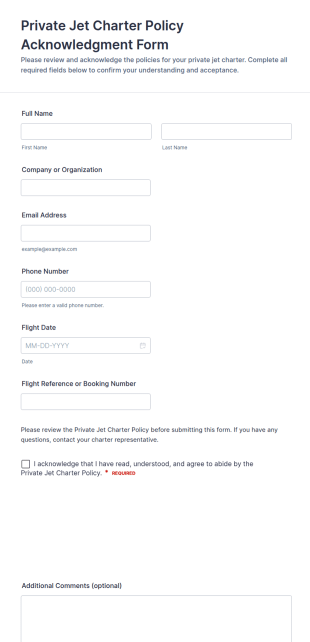 Private Jet Charter Policy Acknowledgment Form Template