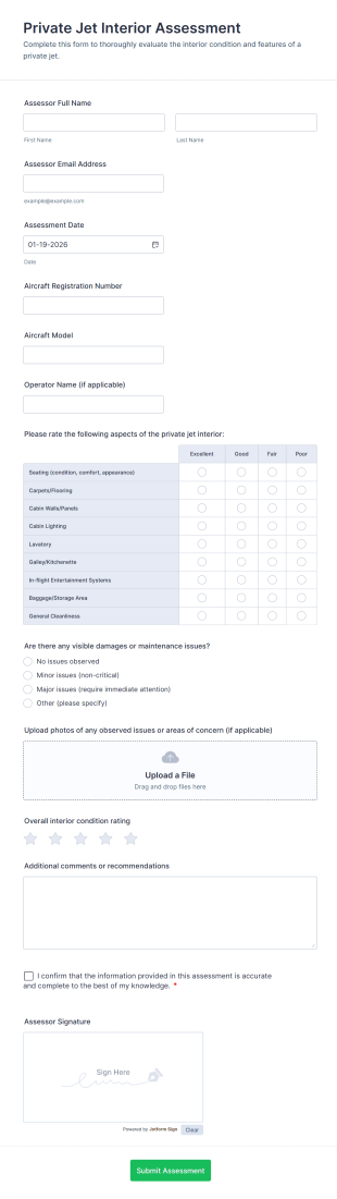 Private Jet Interior Assessment Form Template