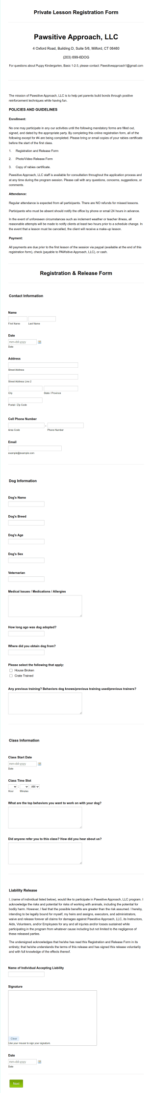 Private Lesson Registration Form Template