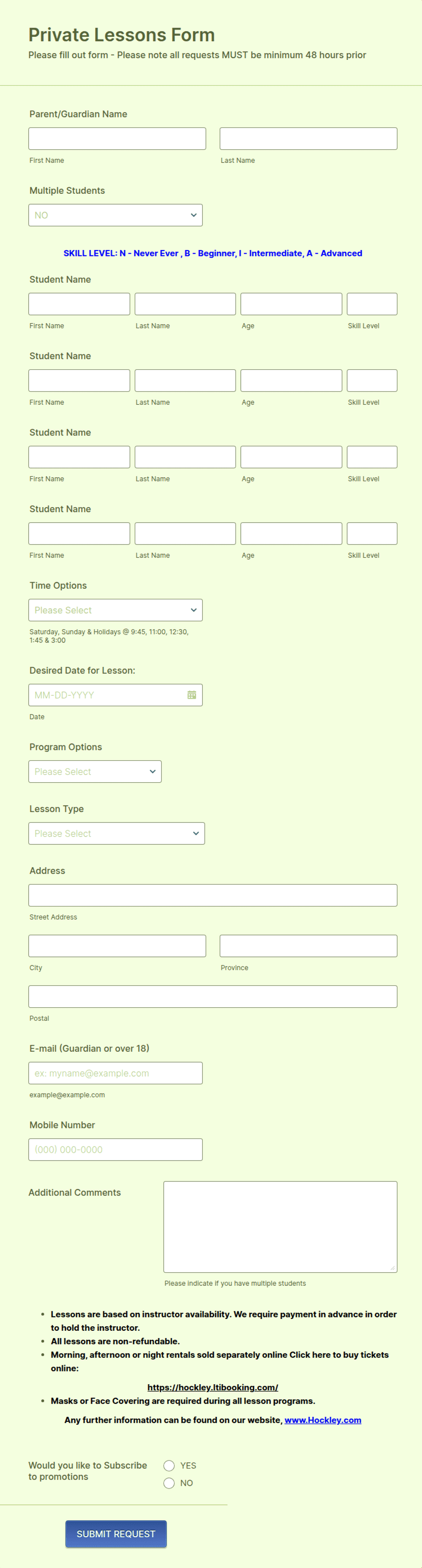 Private Lesson Request Form Template | Jotform