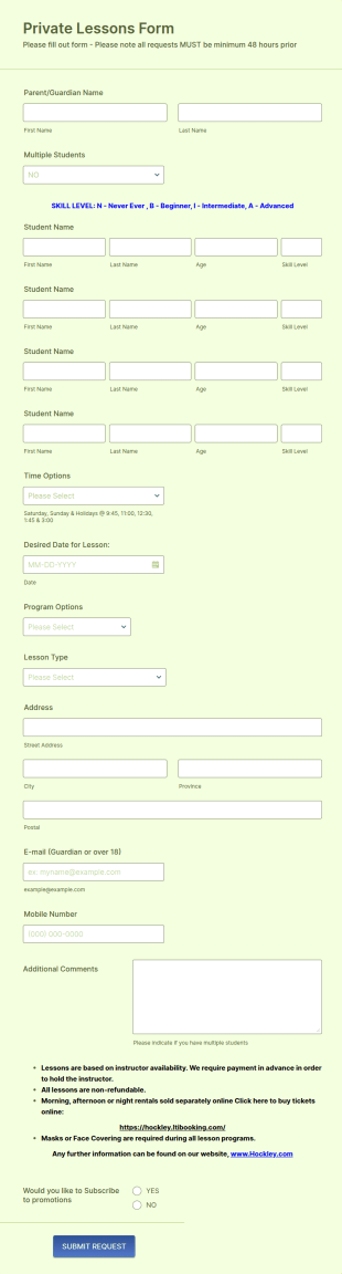 Private Lesson Request Form Template