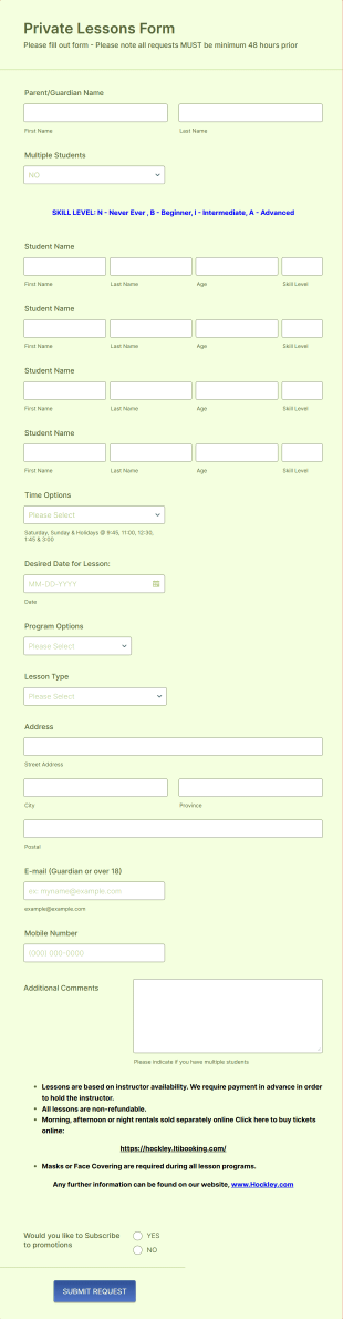 Private Lesson Request Form Template