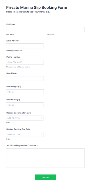 Private Marina Slip Booking Form Form Template
