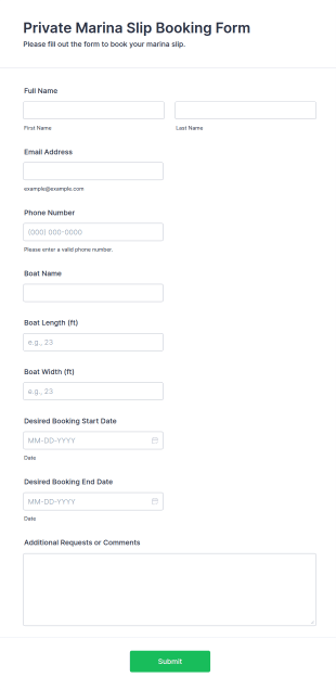 Private Marina Slip Booking Form Template