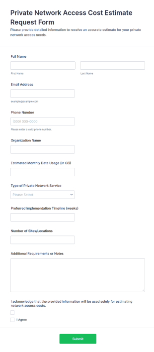 Private Network Access Cost Estimate Request Form Template
