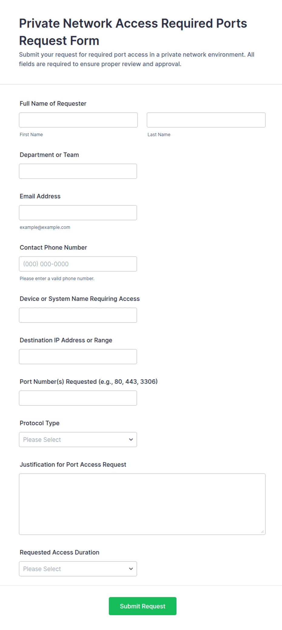 Network Request Exel Format Private Network Access Ports Request Form Template | Jotform