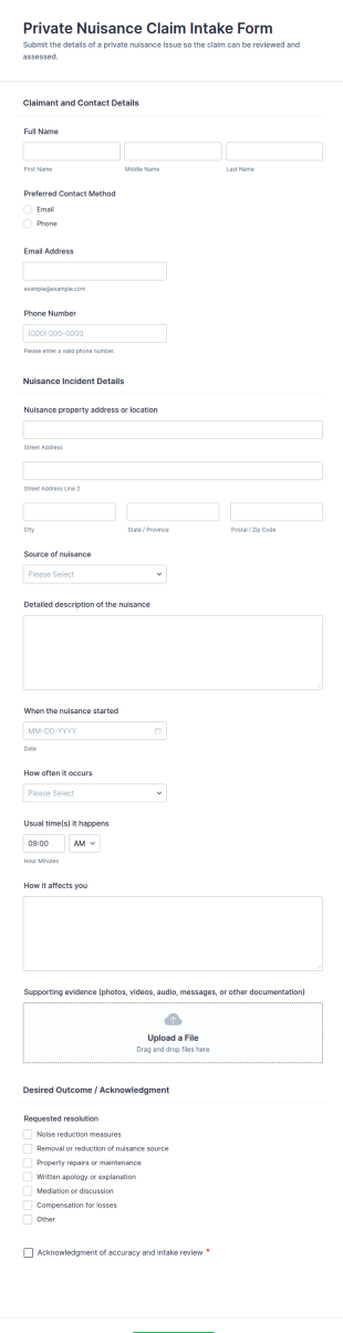 Private Nuisance Claim Intake Form Template