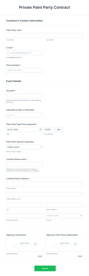 Private Paint Party Contract Form Template
