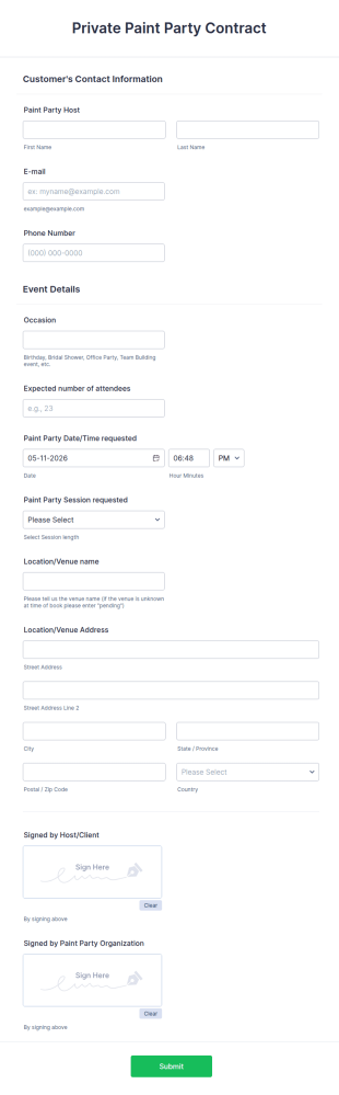 Private Paint Party Contract Form Template