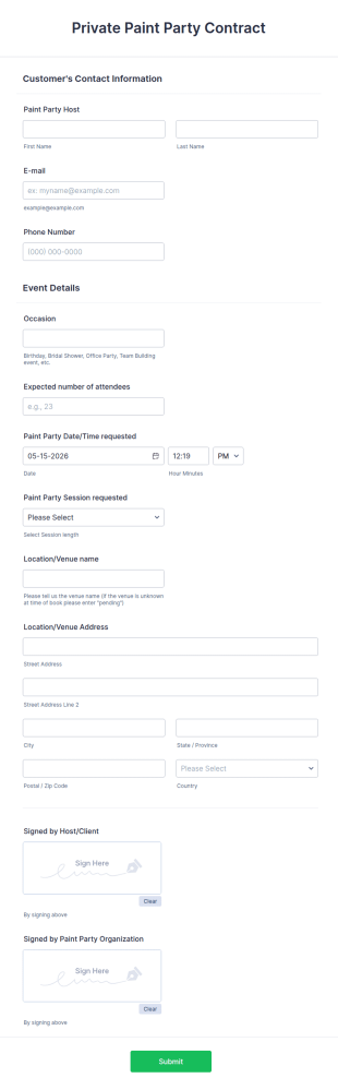 Private Paint Party Contract Form Template