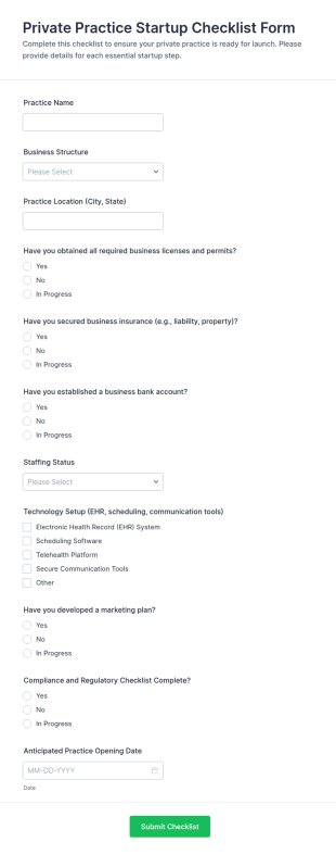 Private Practice Startup Checklist Form Template