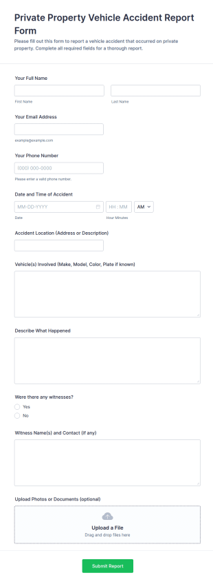 Private Property Vehicle Accident Report Form Template