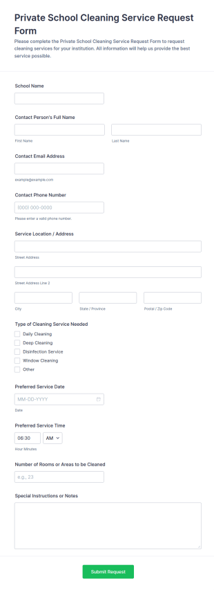 Private School Cleaning Service Request Form Template