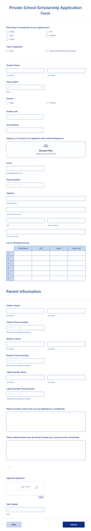 Private School Scholarship Application Form Template