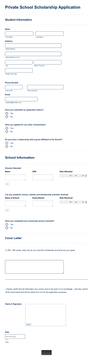 Private School Scholarship Application Form Template