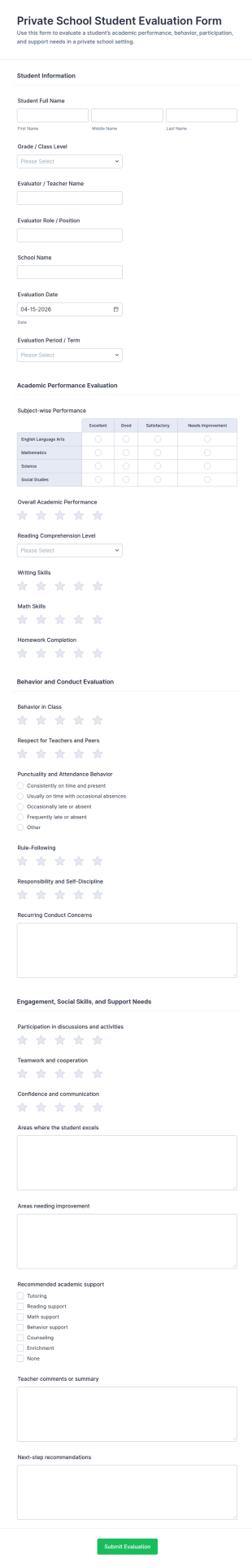 Private School Student Evaluation Form Template