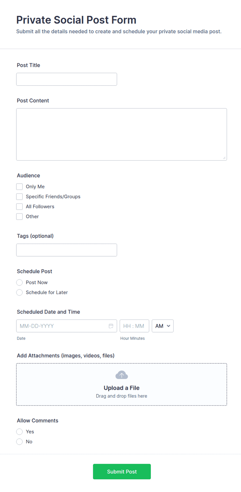 Private Social Post Form Template | Jotform