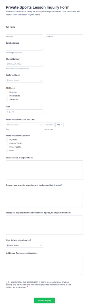 Private Sports Lesson Inquiry Form Template