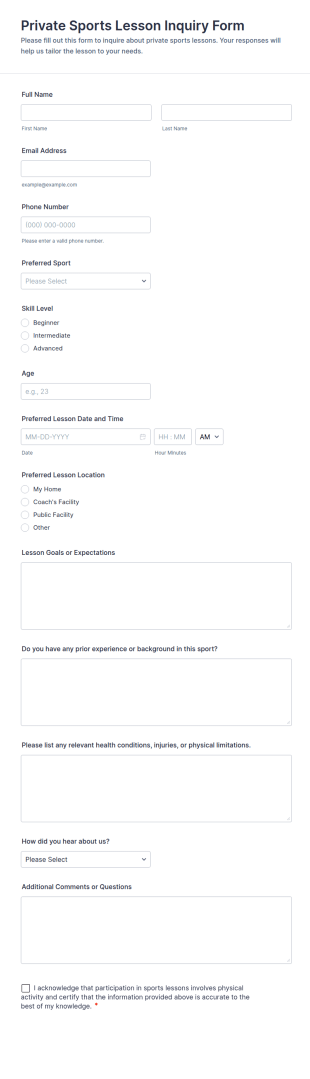 Private Sports Lesson Inquiry Form Template