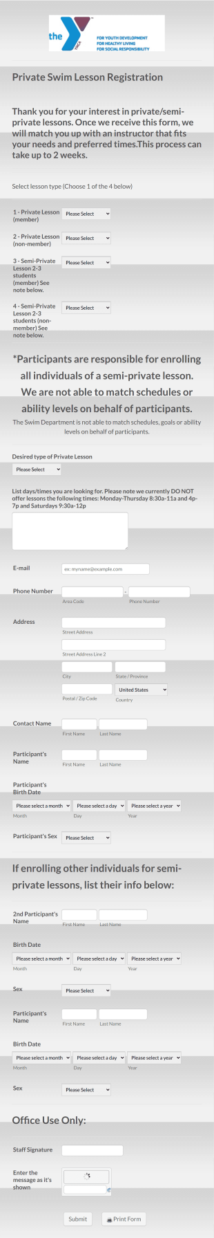 Private Swim Lesson Registration Form Template