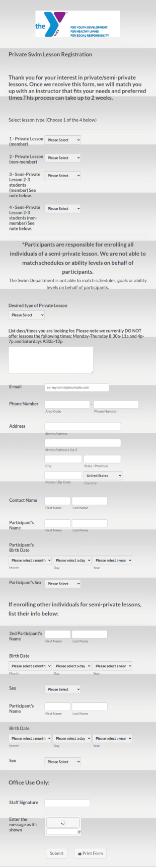 Private Swim Lesson Registration Form Template