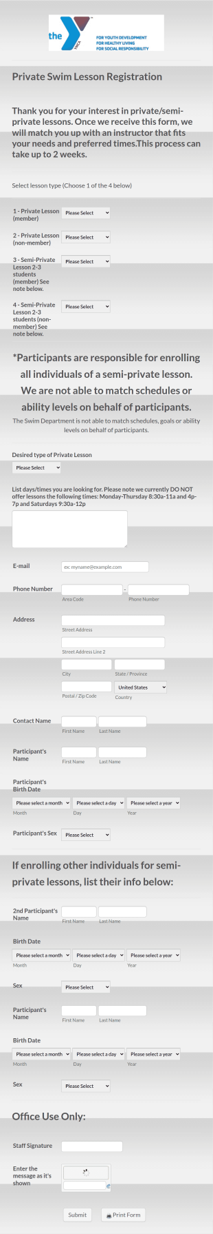 Private Swim Lesson Registration Form Template