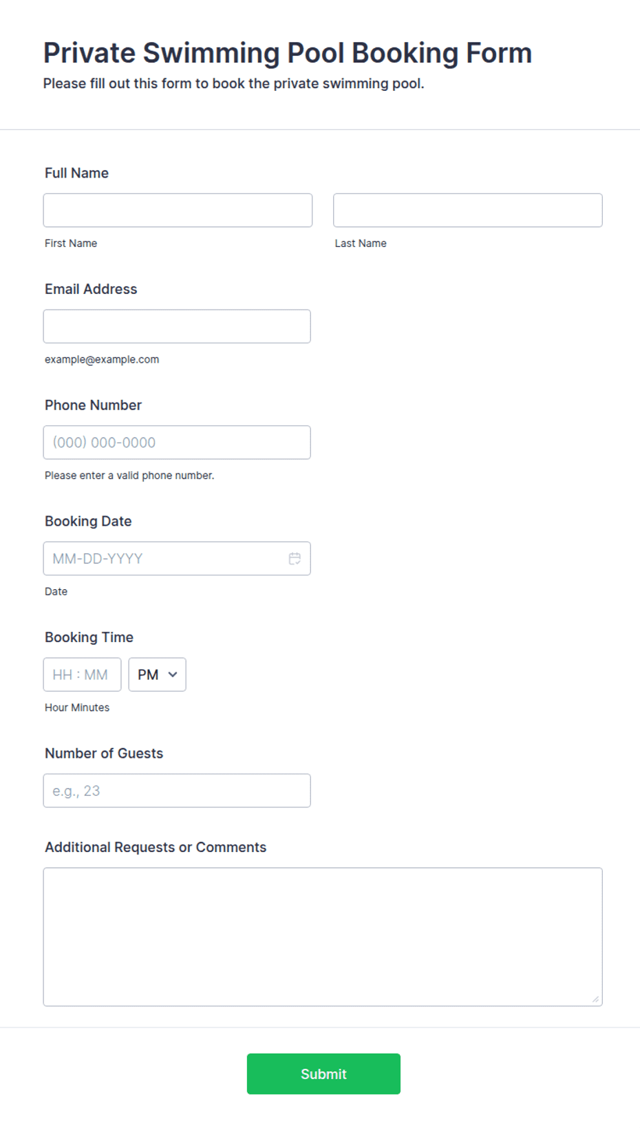 Private Swimming Pool Booking Form Template | Jotform