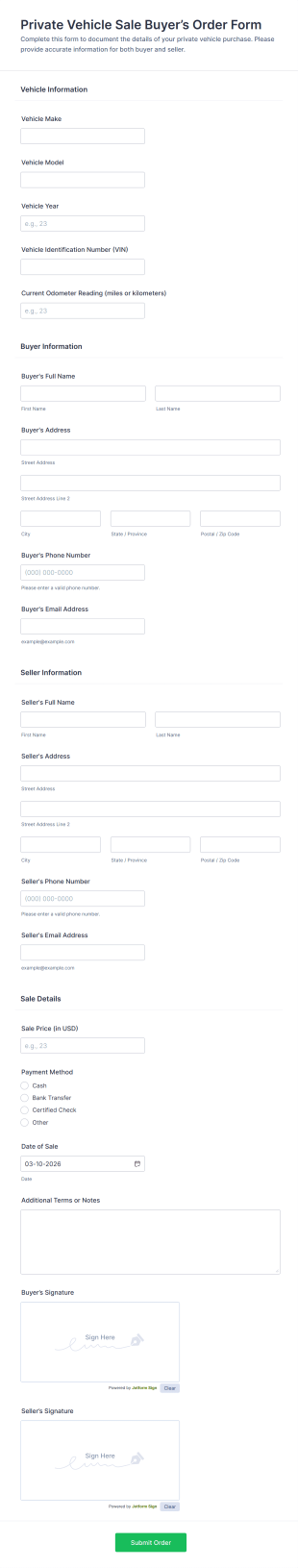 Private Vehicle Sale Buyer’s Order Form Template