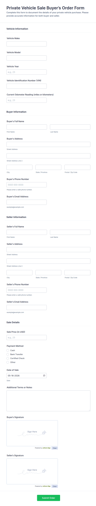 Private Vehicle Sale Buyer’s Order Form Template