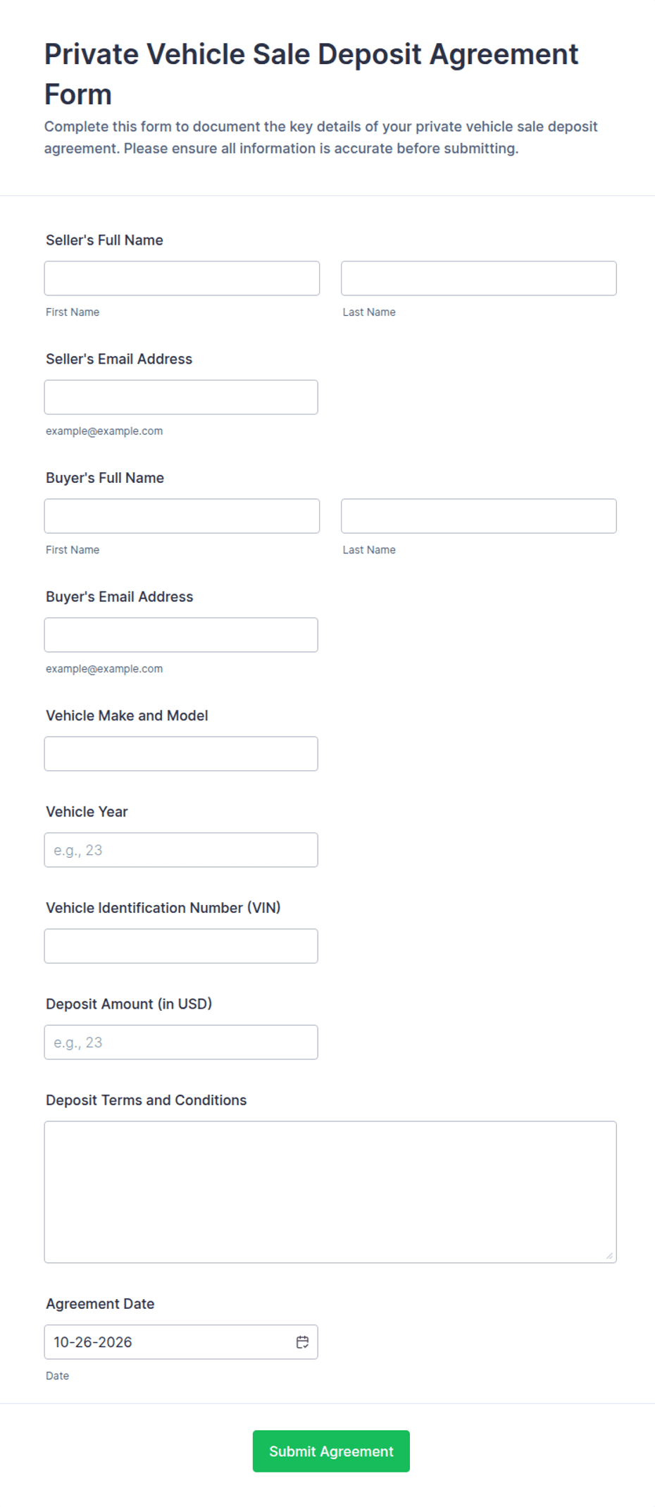 Private Vehicle Sale Deposit Agreement Form Template | Jotform