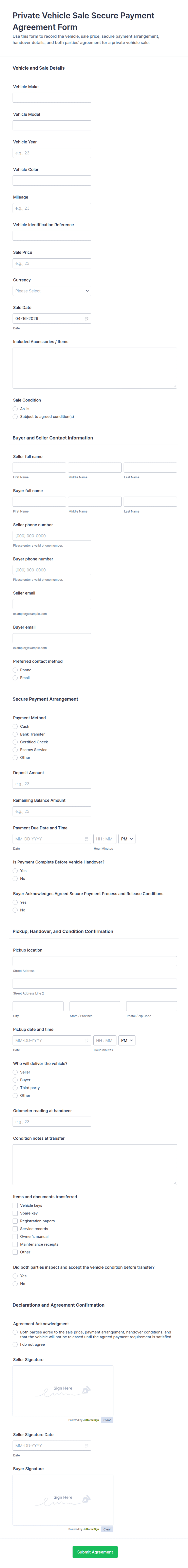 Private Vehicle Sale Secure Payment Agreement Form Template | Jotform