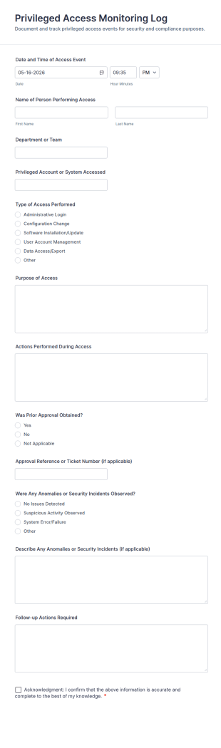 Privileged Access Monitoring Log Form Template