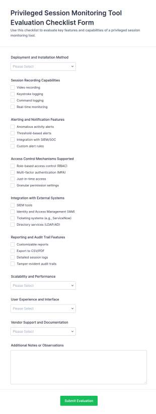 Privileged Session Monitoring Tool Evaluation Checklist Form Template