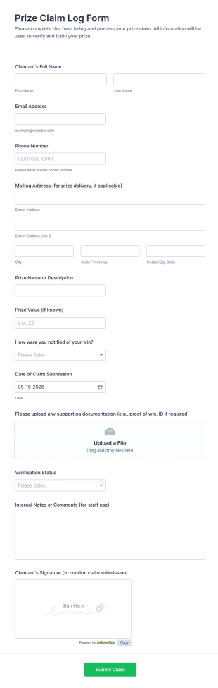 Prize Claim Log Form Template