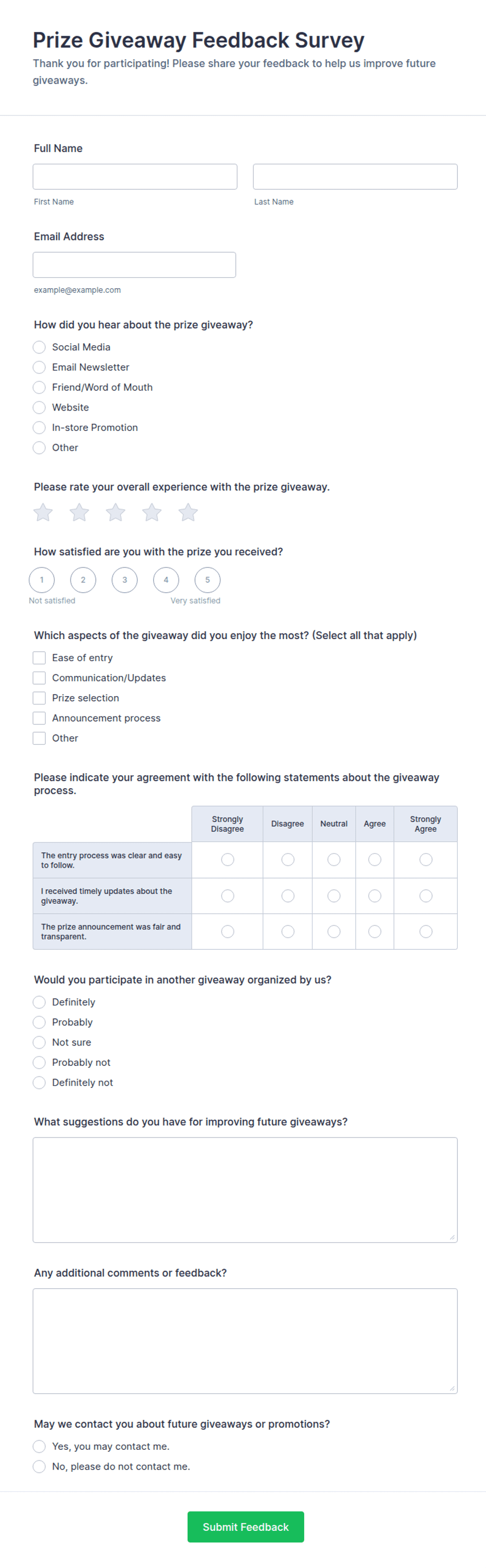 Prize Giveaway Feedback Survey Form Template | Jotform