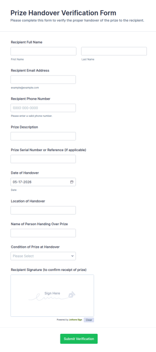 Prize Handover Verification Form Template