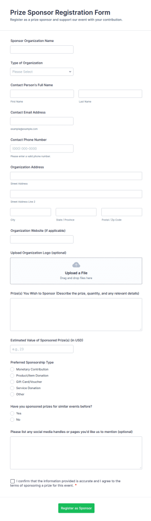 Prize Sponsor Registration Form Template