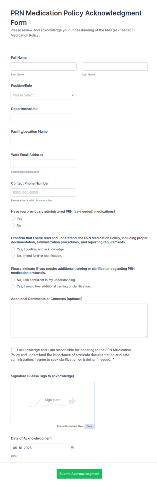 PRN Medication Policy Acknowledgment Form Template
