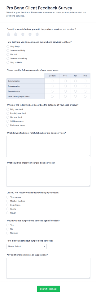 Pro Bono Client Feedback Survey Form Template