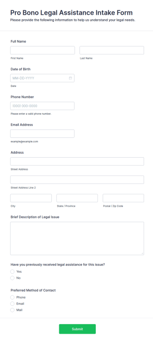Pro Bono Legal Assistance Intake Form Template