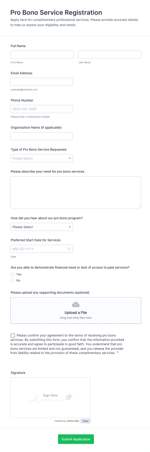 Pro Bono Service Registration Form Template
