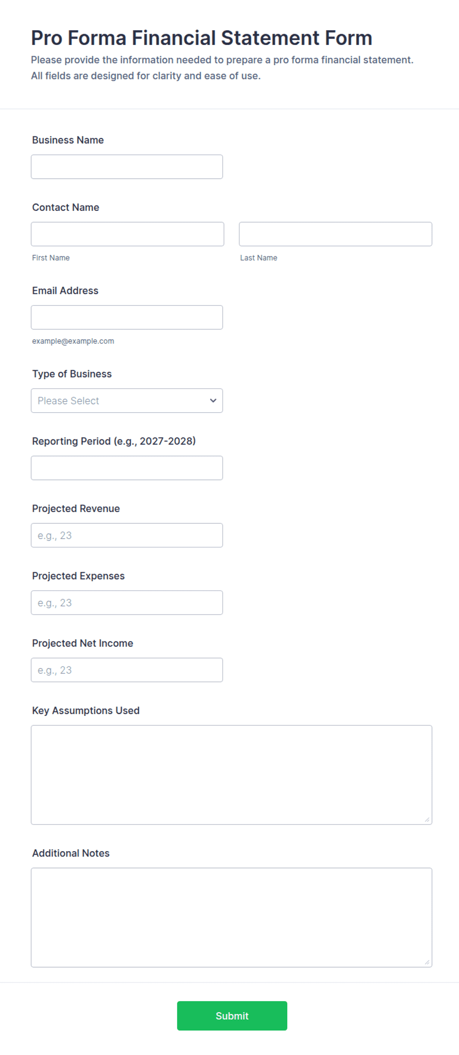 Pro Forma Financial Statement Form Template | Jotform