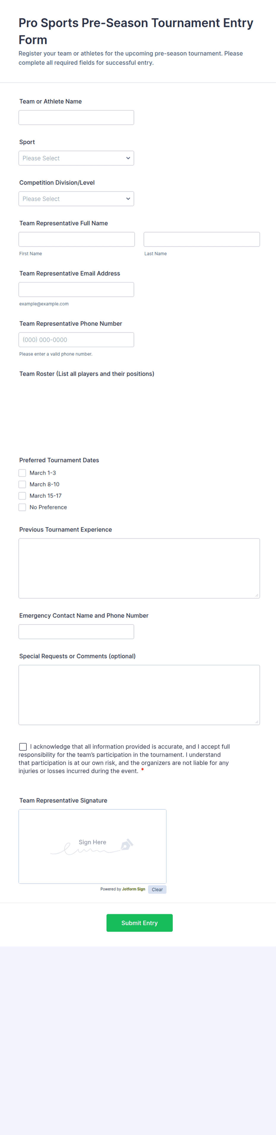 Pro Sports Pre-Season Tournament Entry Form Template | Jotform