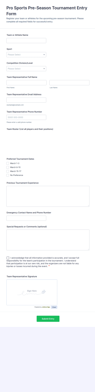 Pro Sports Pre Season Tournament Entry Form Template